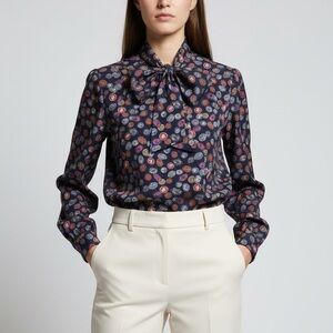 Laura Mae Navy Bow Tie Buttons Up Pink Cream Red Print P2P 23-24”